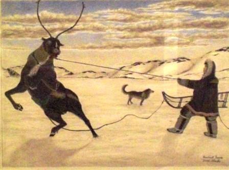 Herder Training a Wild Deer for a Sled Deer James Kiveroruk Moses drawing